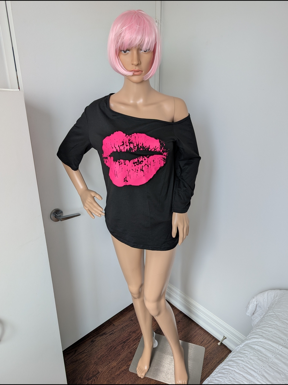 Off-Shoulder Black Top with Hot Pink Lip Graphic